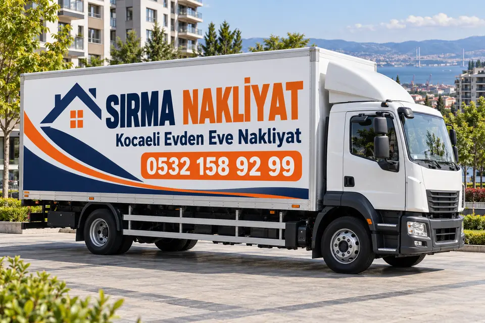 Sırma Nakliyat kamyon tanıtım görseli; üzerinde Kocaeli Evden Eve Nakliyat ve 0532 158 92 99 yazıyor